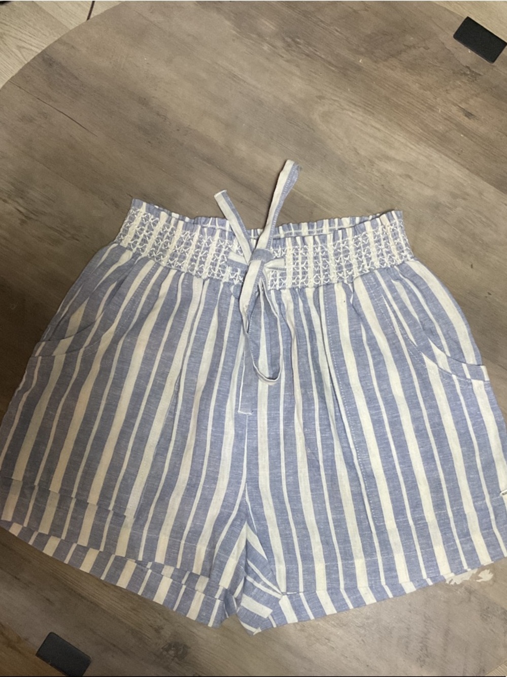 Guess Blue & White Striped High-Waist Drawstring Shorts